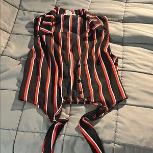 Revamped Red and Black Striped Button-Down Blouse